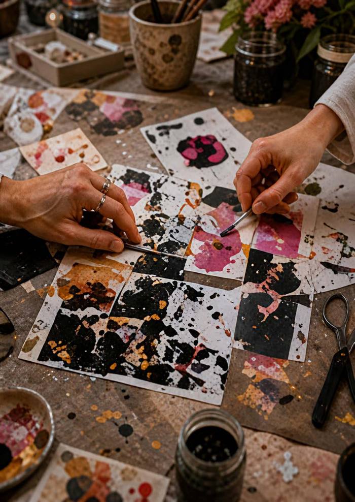 Hände gestalten ein Gelprint-Kunstwerk im Workshop