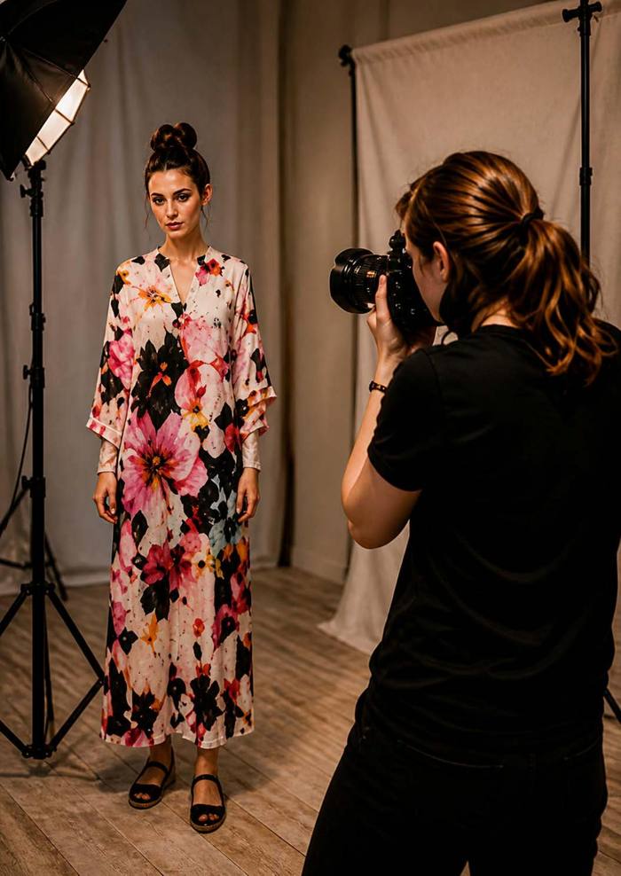 Modell beim Mode-Fotoshooting im Floral-Print-Kleid