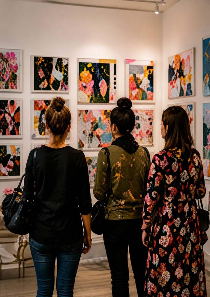 Drei Frauen betrachten Kunstwerke in einer Galerie-Ausstellung